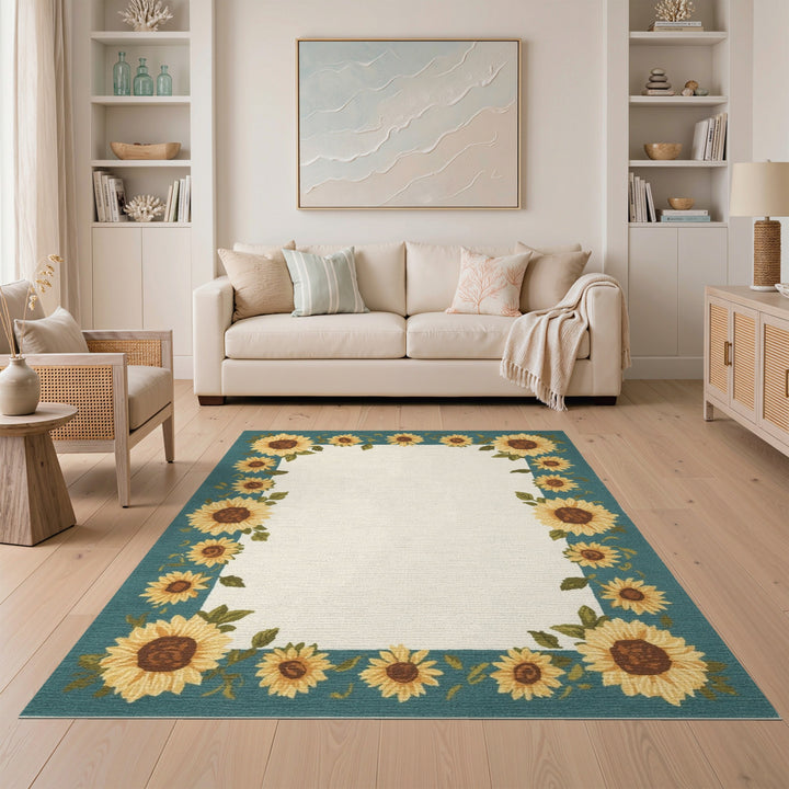 Sunflower Teal Border Area Rug