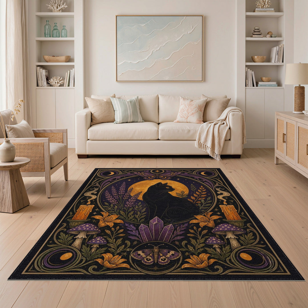 Mystic Black Cat Moon Purple Area Rug