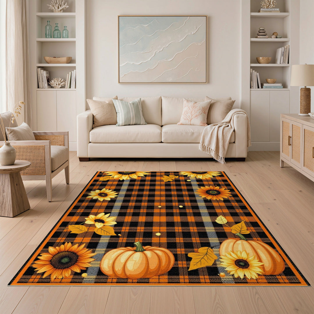 Orange Plaid Sunflower Pumpkin Area Rug