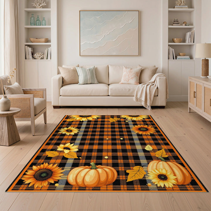 Orange Plaid Sunflower Pumpkin Area Rug
