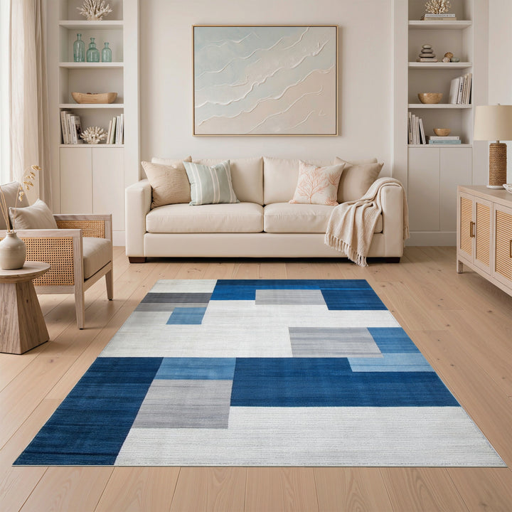 Geometric Modern Blue and Teal Blue Geometric Block Area Rug