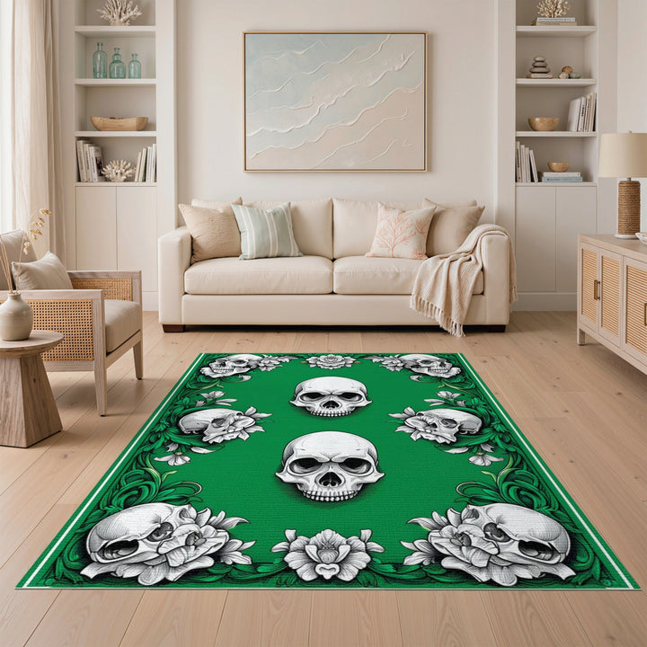 Green Skull Floral Area Rug