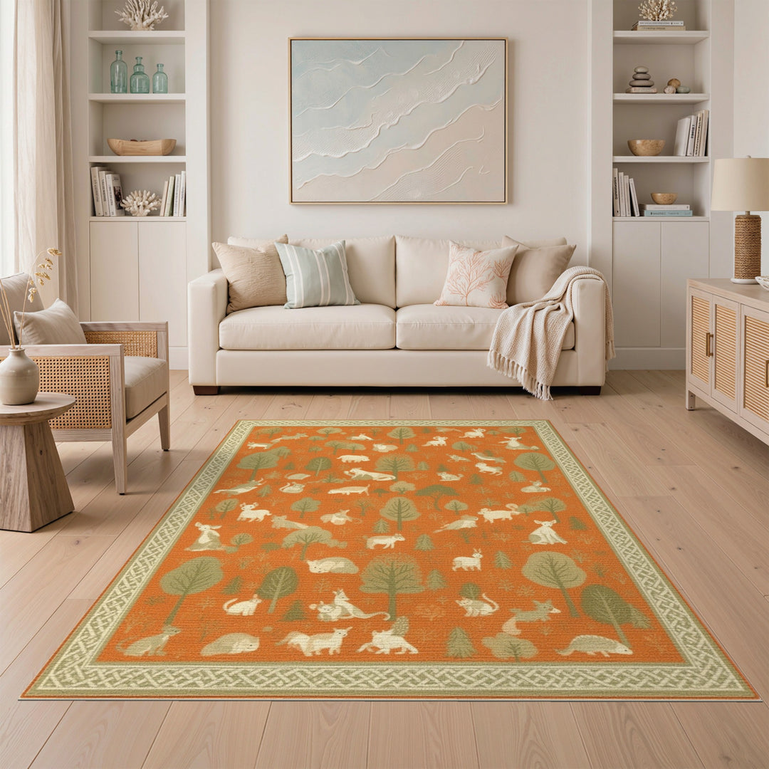 Orange Woodland Animals Area Rug