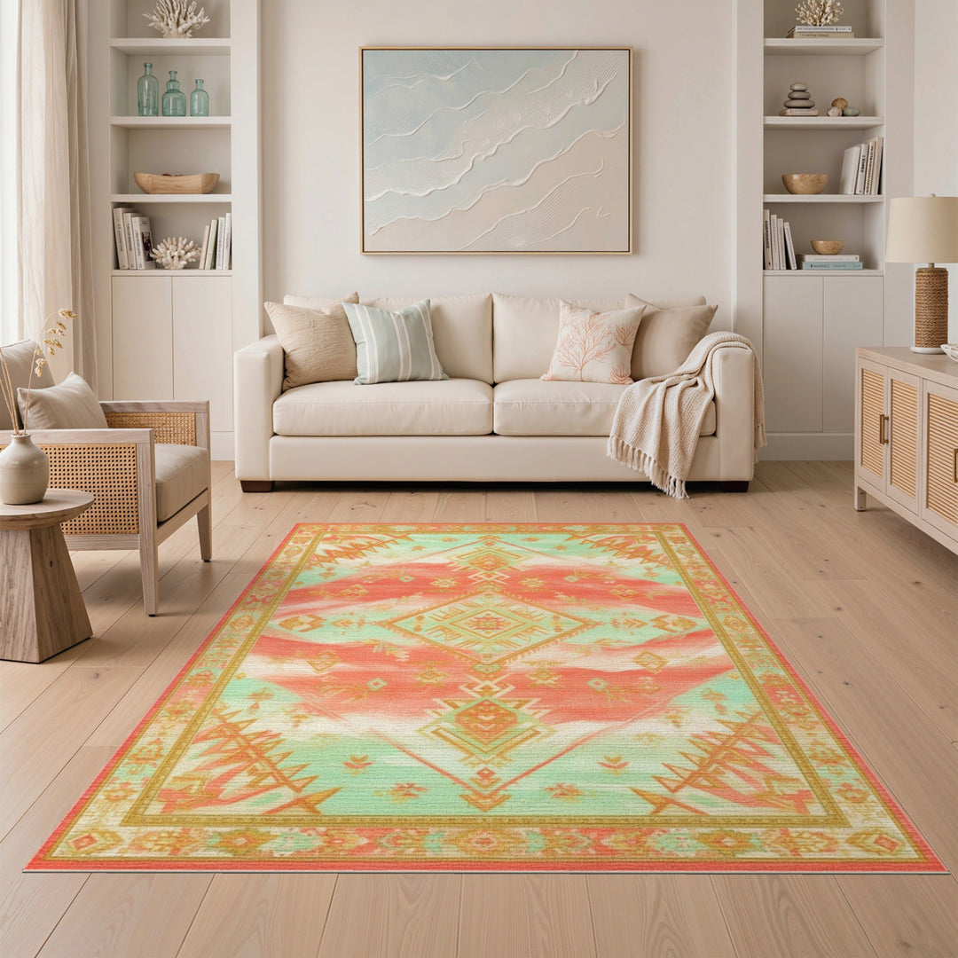 Coral Teal Southwestern Area Rug