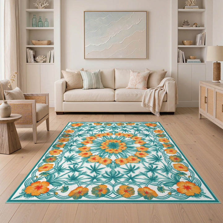 Teal Floral Palm Area Rug