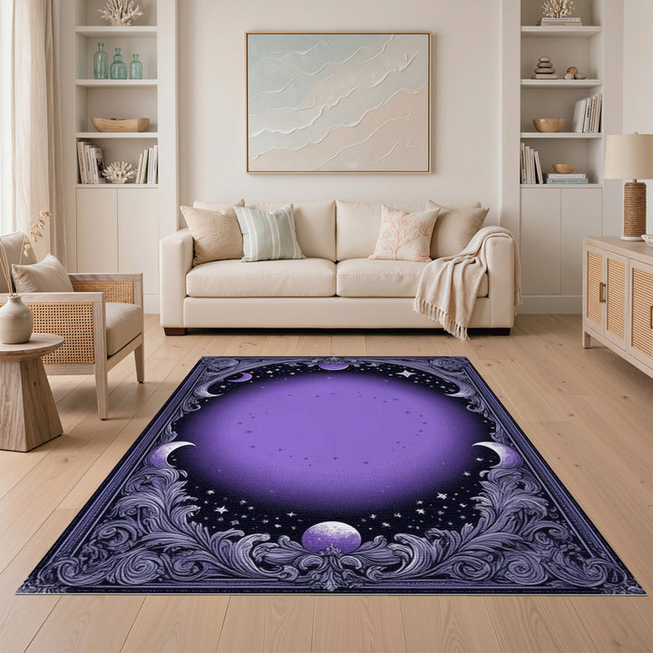 Celestial Purple Moon and Stars Area Rug