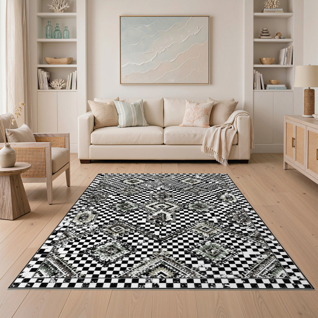 Black White Checkered Geometric Area Rug