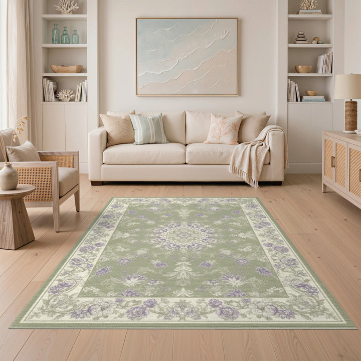 Washable Green Floral Vintage Washable Area Rug