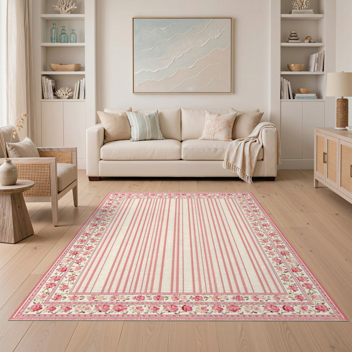 Pink Floral Vintage Striped Area Rug