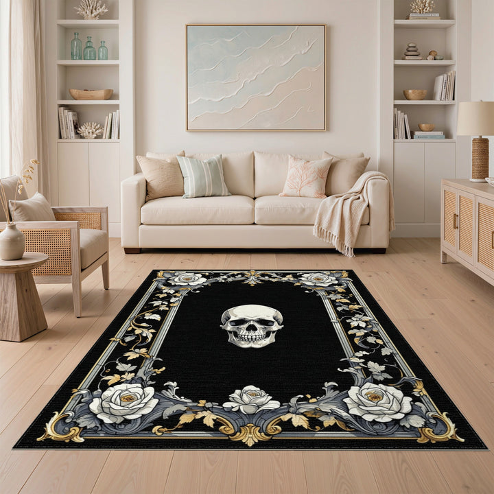 Black and White Black White Skull Rose Ornate Area Rug