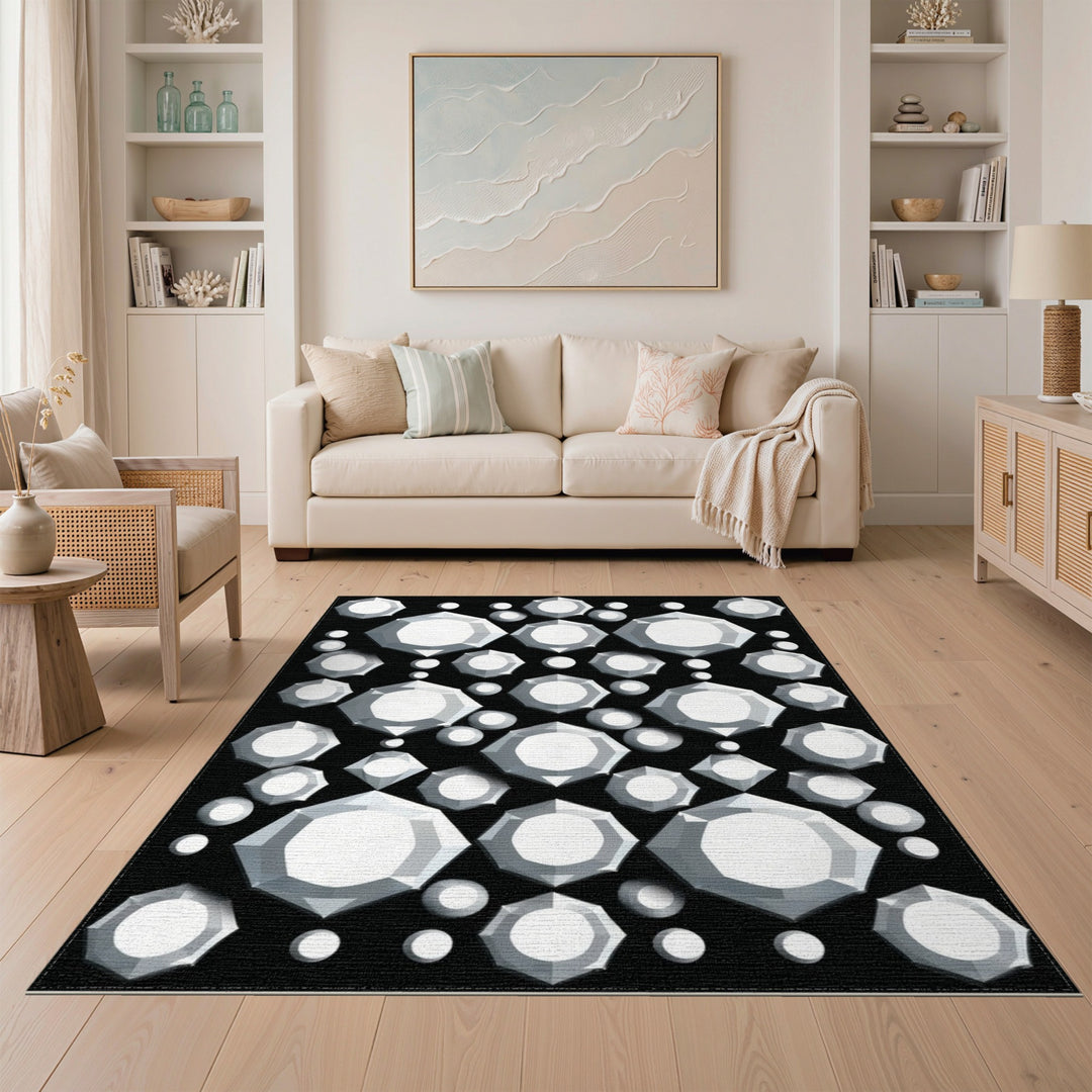 Black White Gemstone Cluster Area Rug