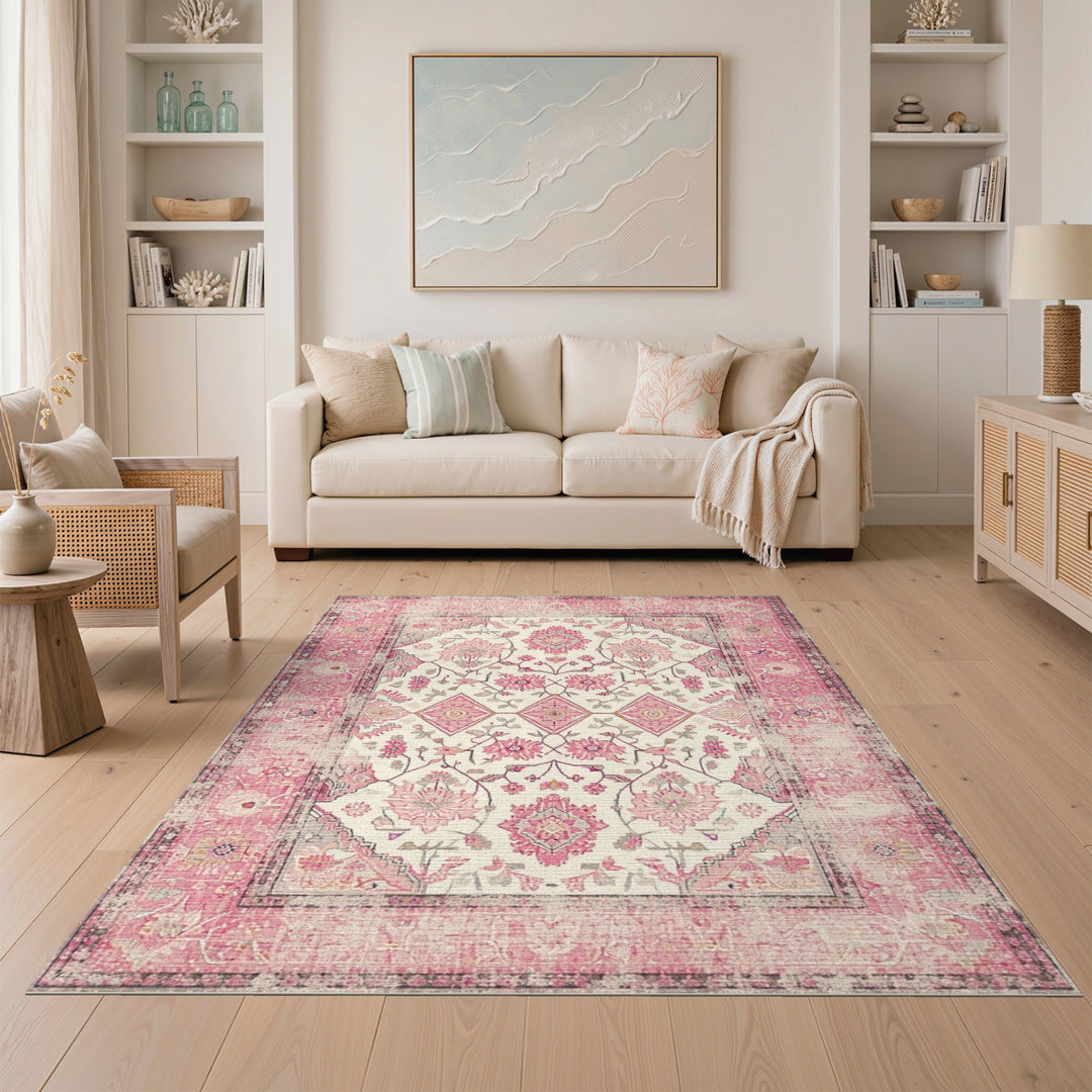 Distressed Vintage Pink Distressed Floral Vintage Area Rug