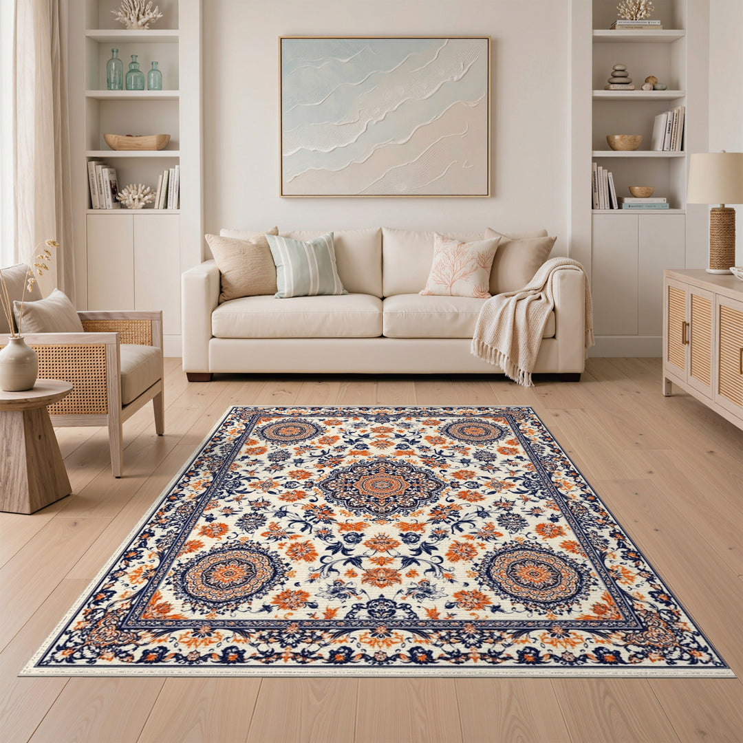 Navy Orange Floral Persian Area Rug