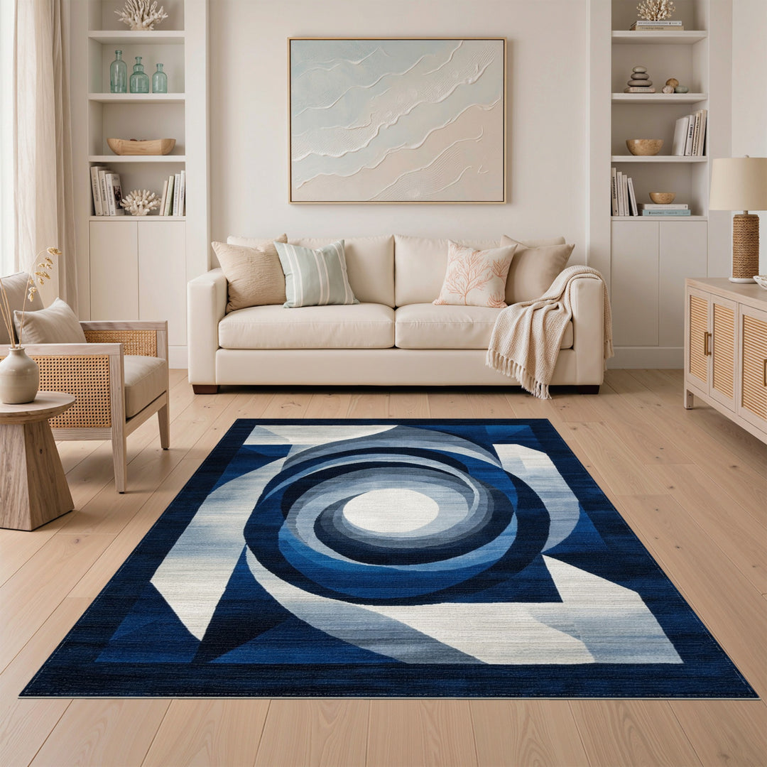 Blue Geometric Spiral Area Rug