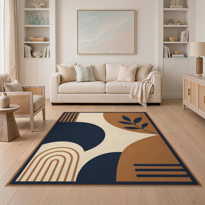 Navy and Brown Geometric Area Rug with Leaf Accent