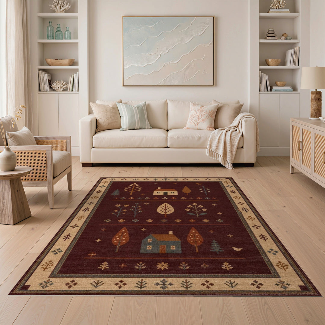 Red Rustic Farmhouse Area Rug with Houses and Trees