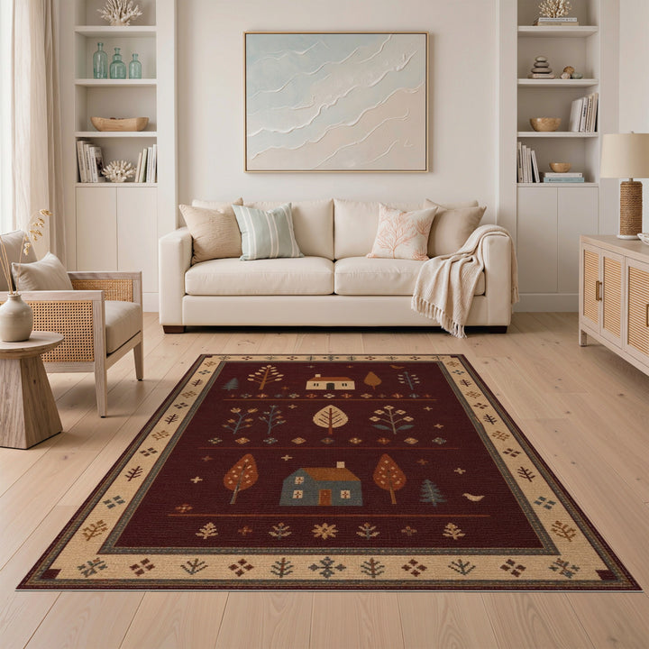 Red Rustic Farmhouse Area Rug with Houses and Trees