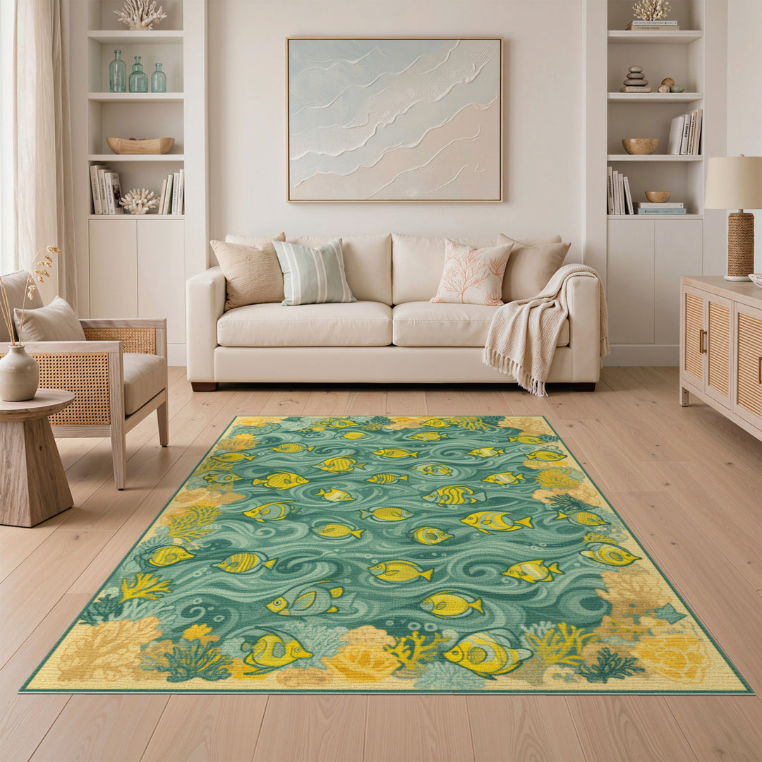 Yellow Fish Teal Wave Coastal Area Rug