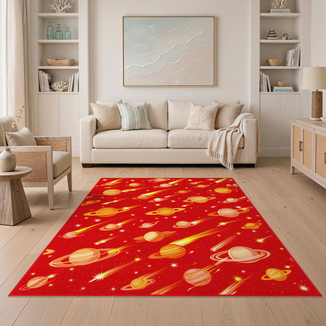 Red Cosmic Planets Kids Area Rug