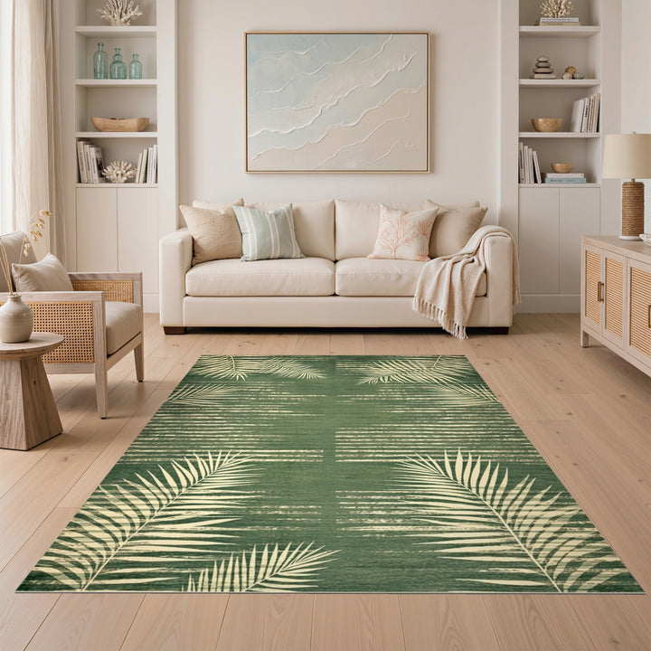 Green Palm Leaf Washable Area Rug