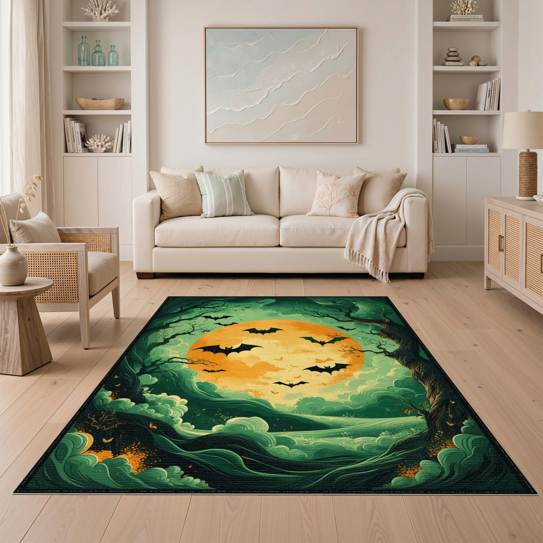 Bats Over Glowing Moon Green Area Rug
