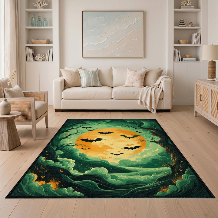 Bats Over Glowing Moon Green Area Rug