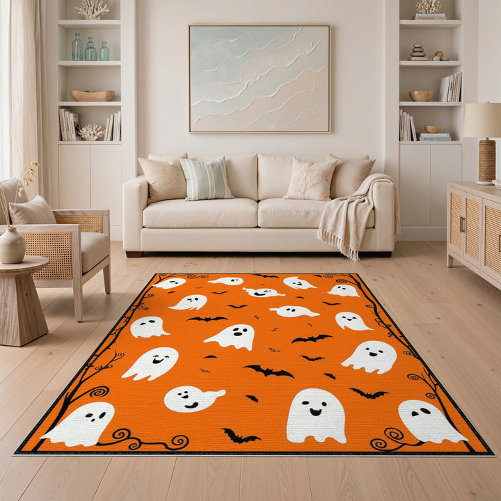 Ghosts and Bats Orange Halloween Kids Area Rug