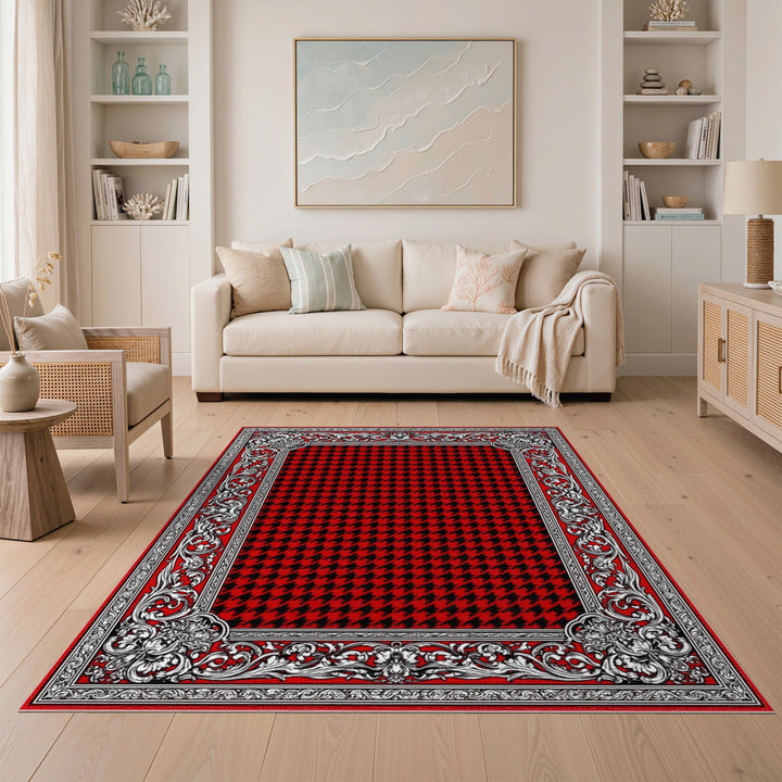 Red Houndstooth Ornate Border Area Rug