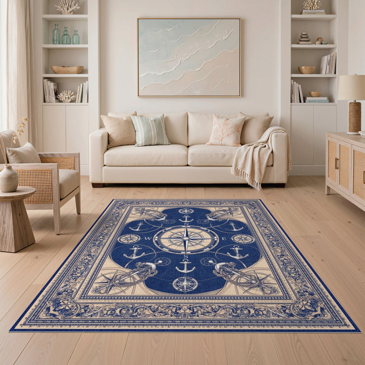 Blue and Teal Blue Nautical Compass Anchor Area Rug