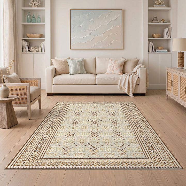 Beige Brown Geometric Tribal Area Rug