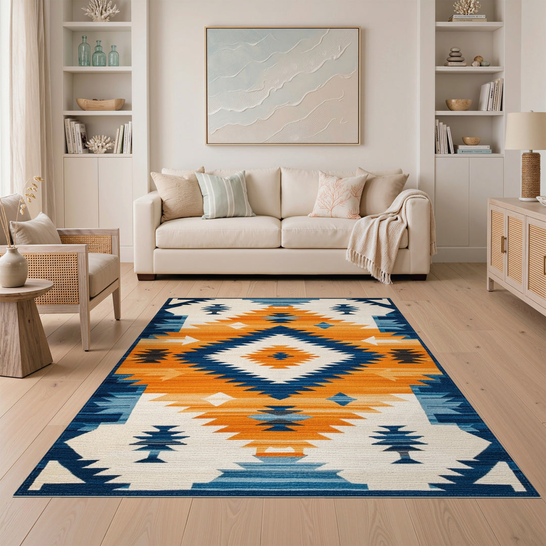 Multi-color and Patterns Southwestern Geometric Area Rug in Blue and Orange