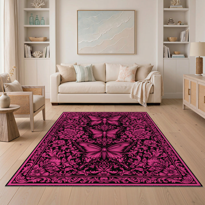 Pink Butterfly Floral Vintage Area Rug