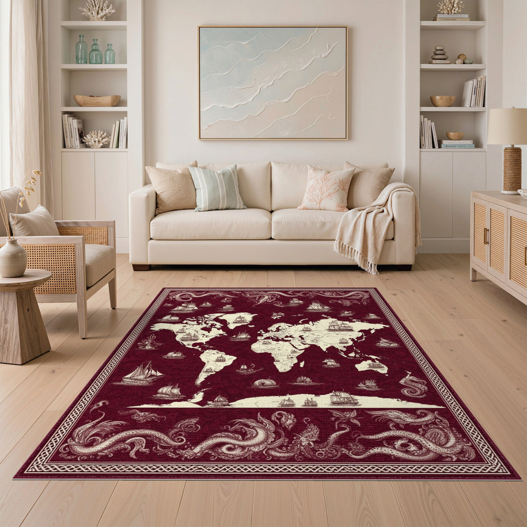 Red Vintage World Map Ships Area Rug