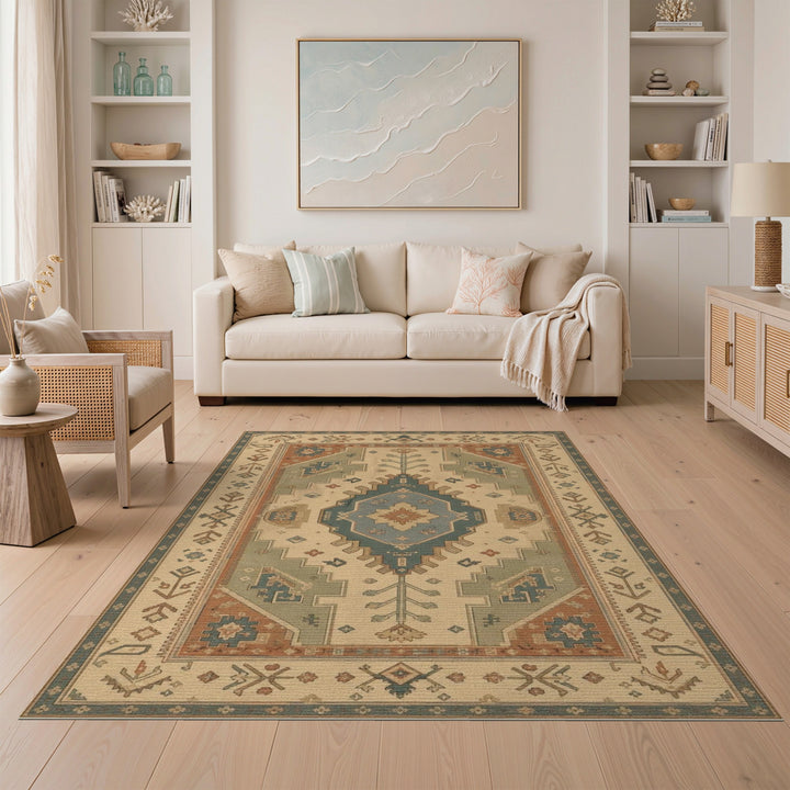 Blue Teal Heritage Tribal Area Rug