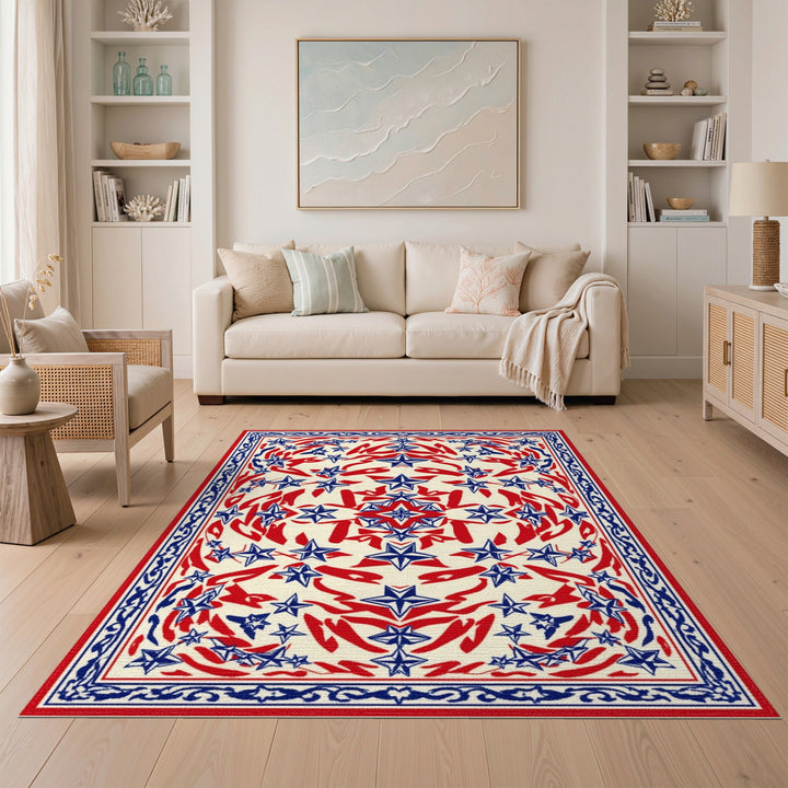Red Blue Star Geometric Area Rug