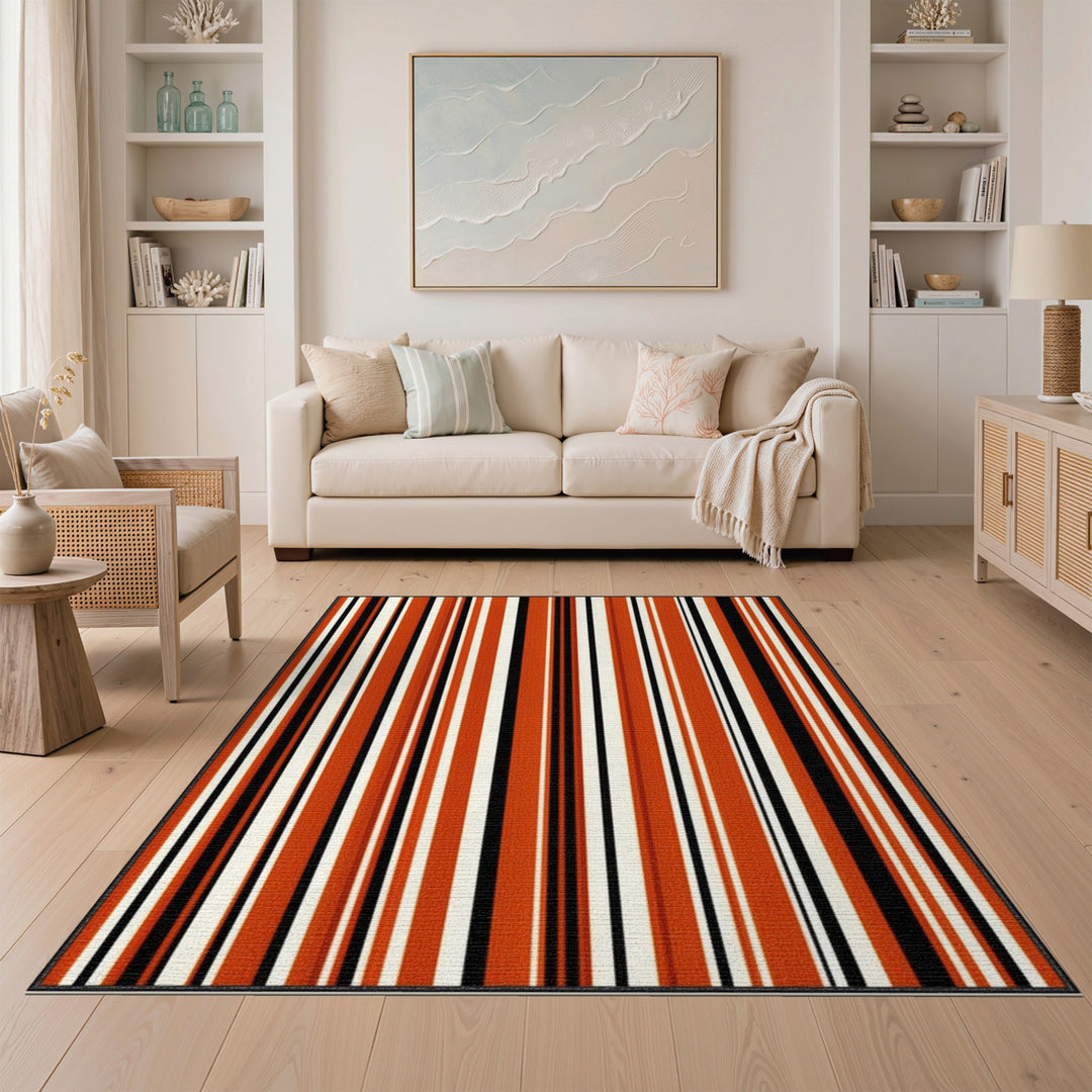 Bold Orange Black Striped Washable Area Rug