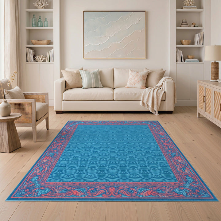 Blue Wave Floral Border Area Rug