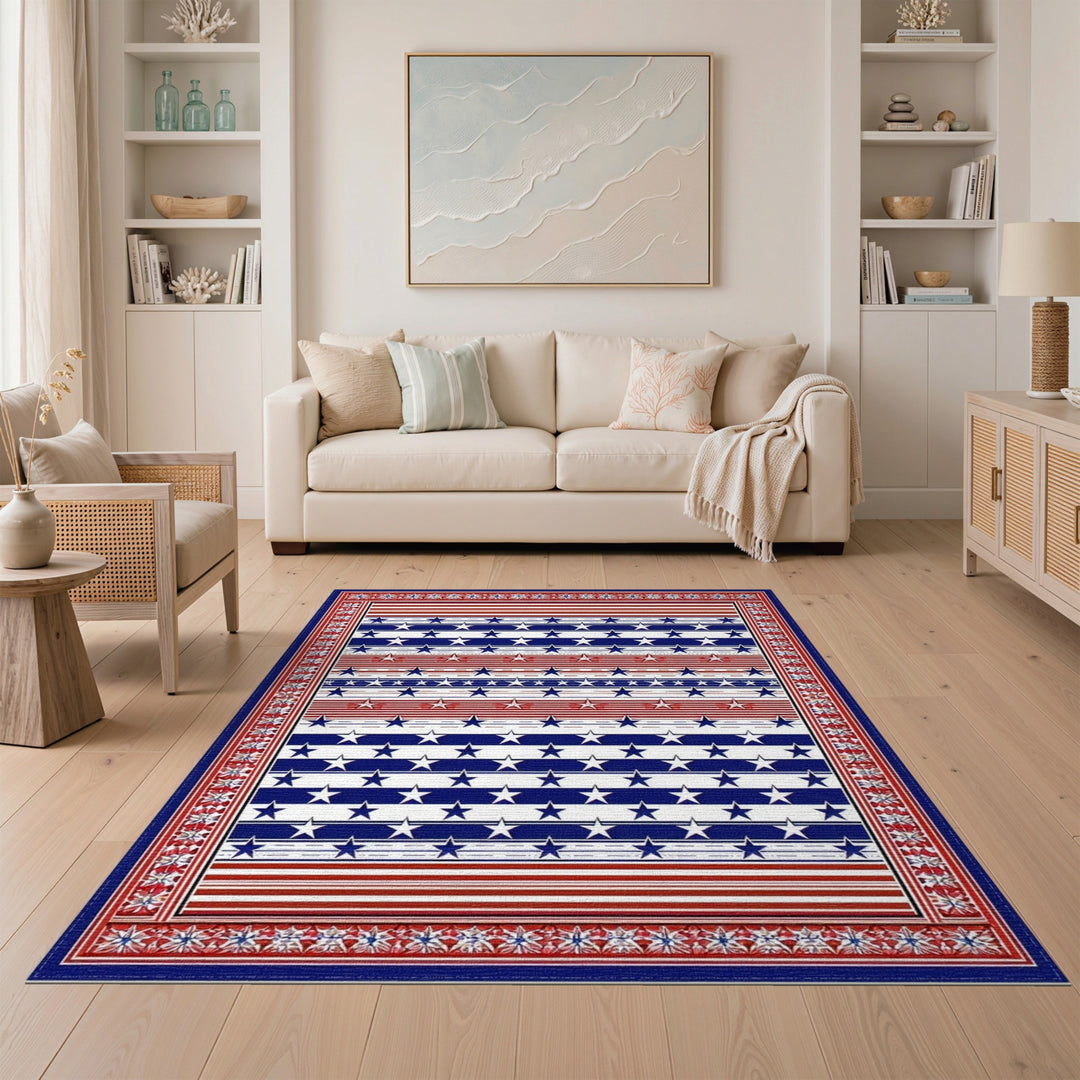 Multi-color and Patterns Patriotic Stars and Stripes Washable Area Rug