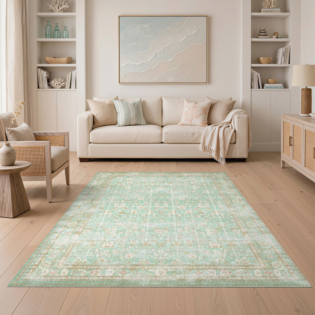 Vintage Teal Floral Distressed Area Rug