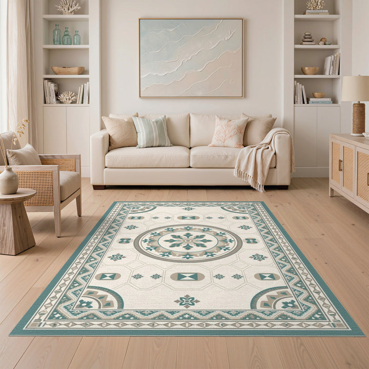 Teal Geometric Medallion Washable Area Rug