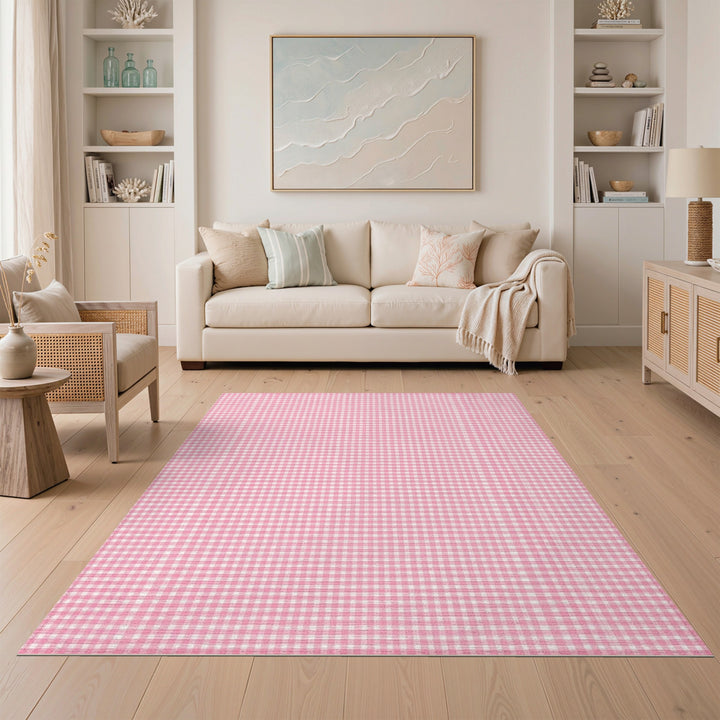 Pink Rustic Farmhouse Pink Gingham Check Area Rug