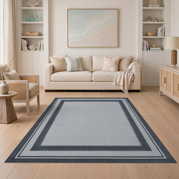 Black White Geometric Border Rug