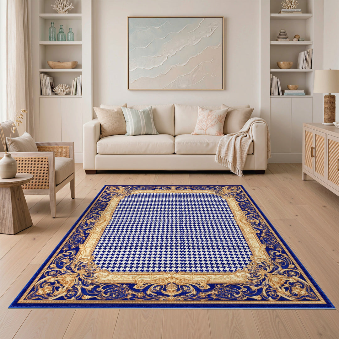 Blue Houndstooth Gold Border Area Rug