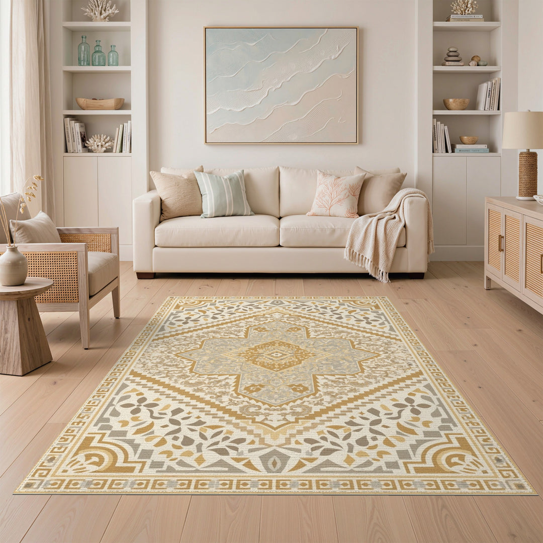 Beige and Neutral Beige Gold Traditional Persian Area Rug