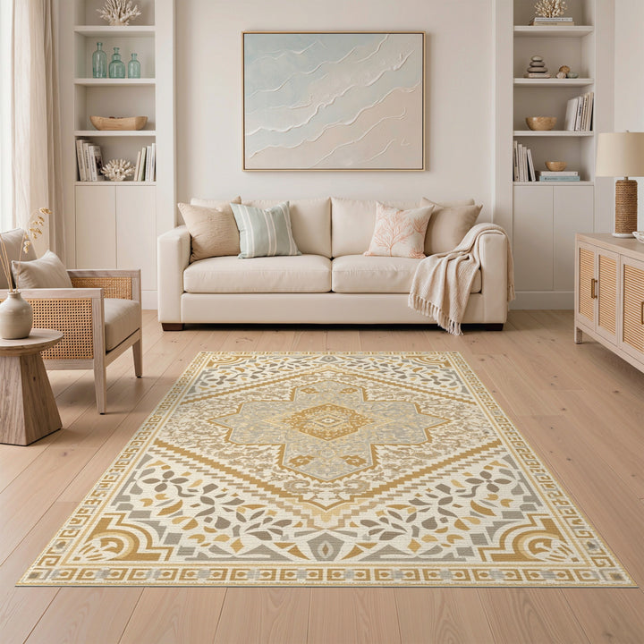 Beige and Neutral Beige Gold Traditional Persian Area Rug