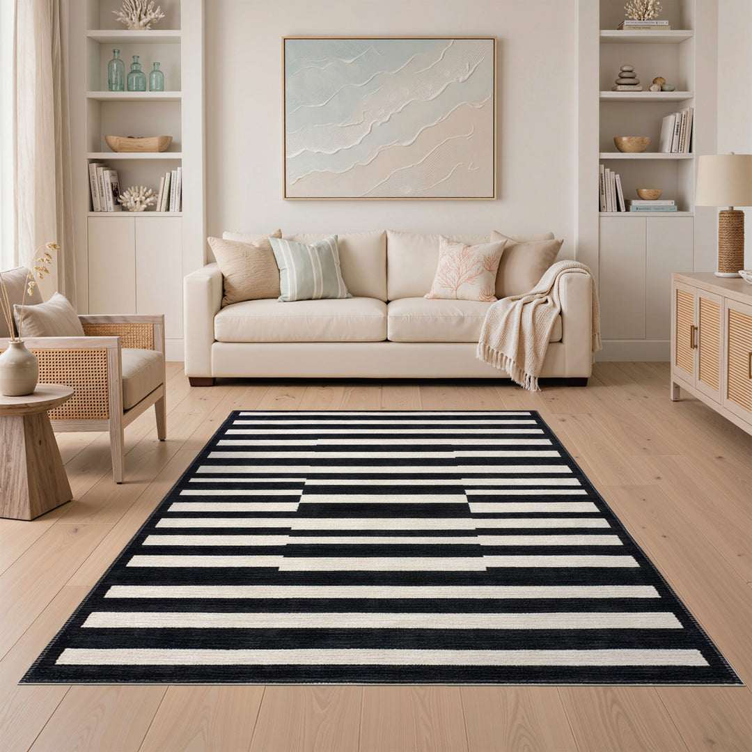 Black White Offset Stripe Geometric Area Rug