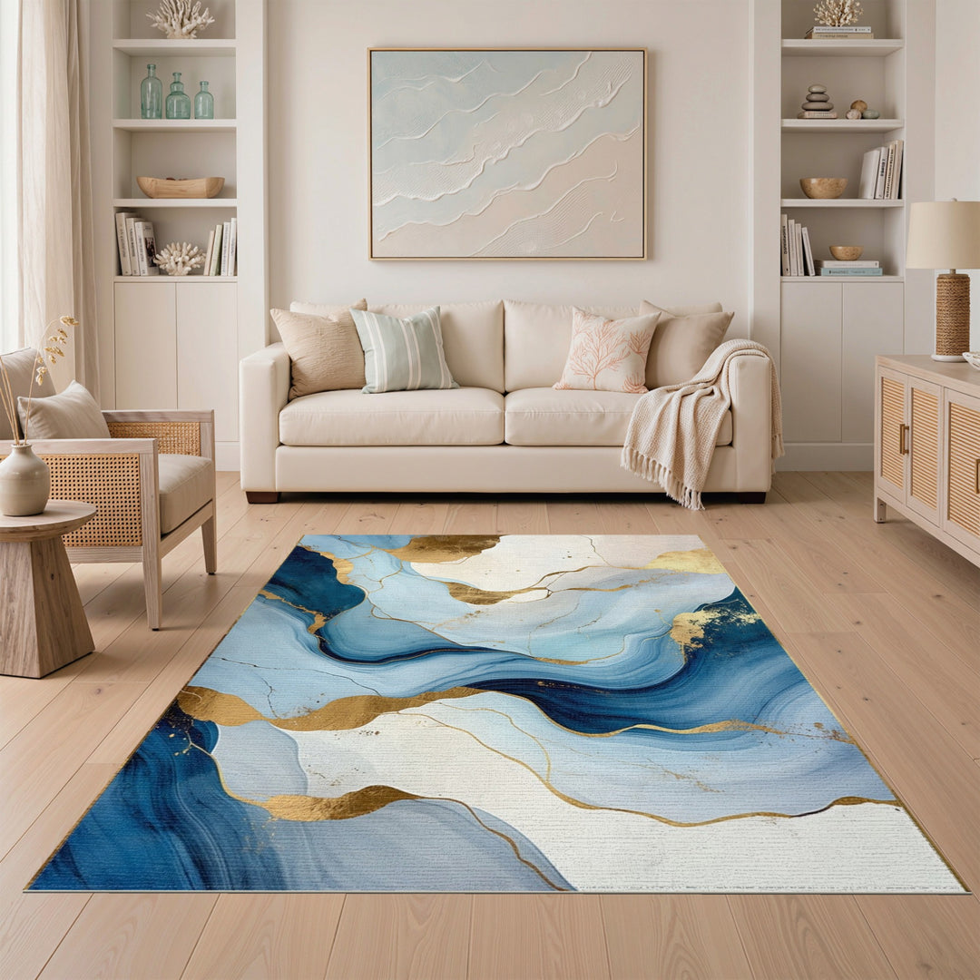 Blue Gold Abstract Flow Area Rug