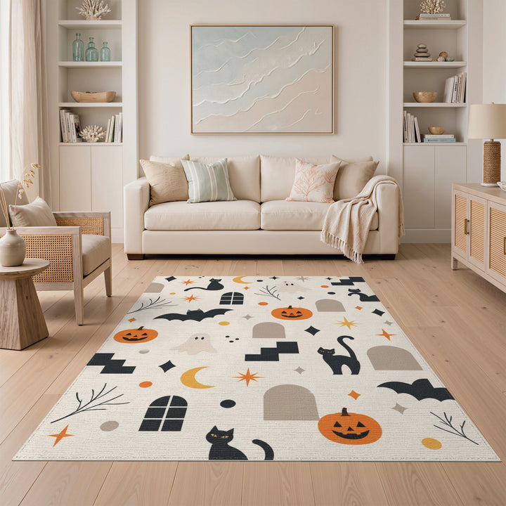 Spooky Halloween Cats Pumpkins Washable Area Rug