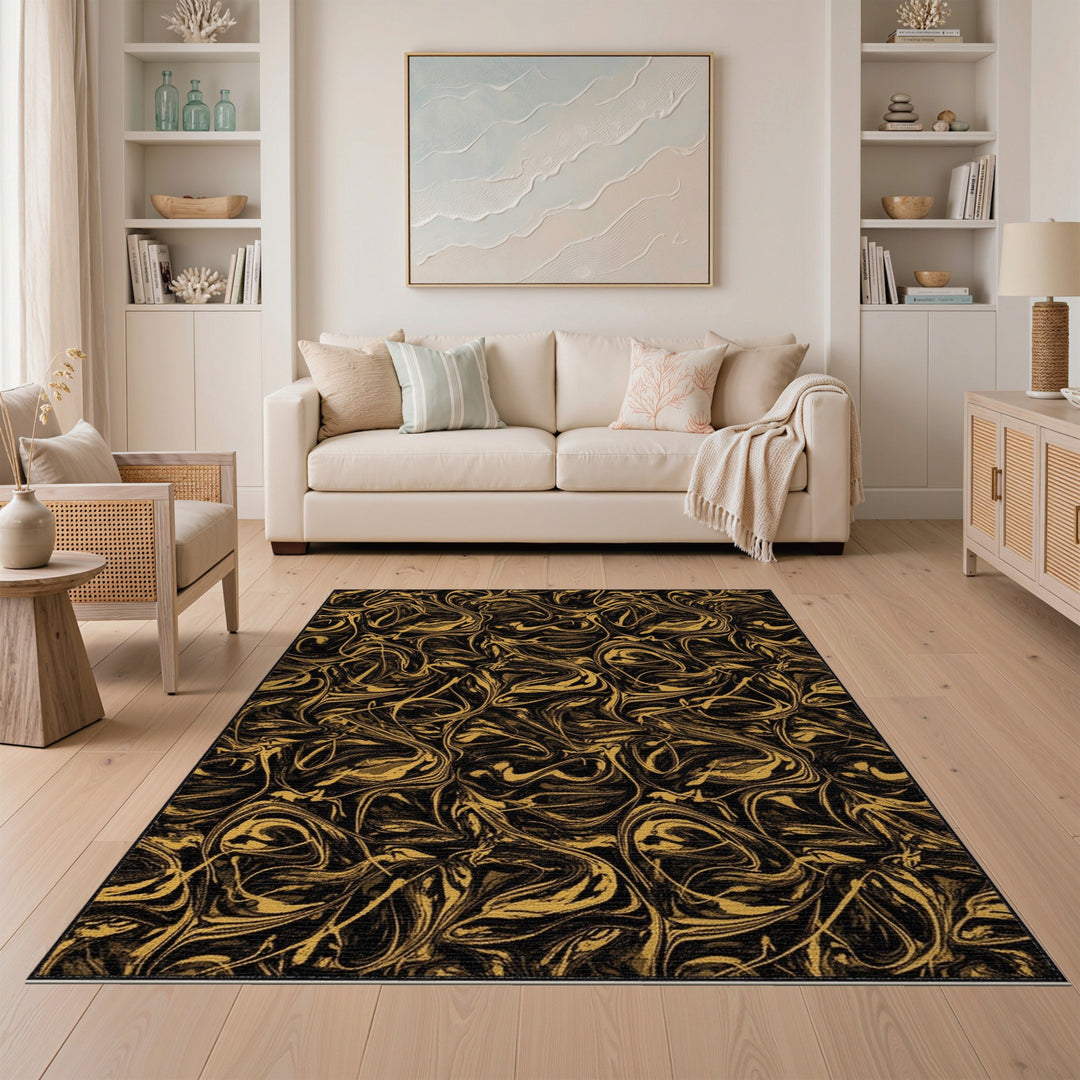 Abstract Area Black and Gold Abstract Swirl Area Rug