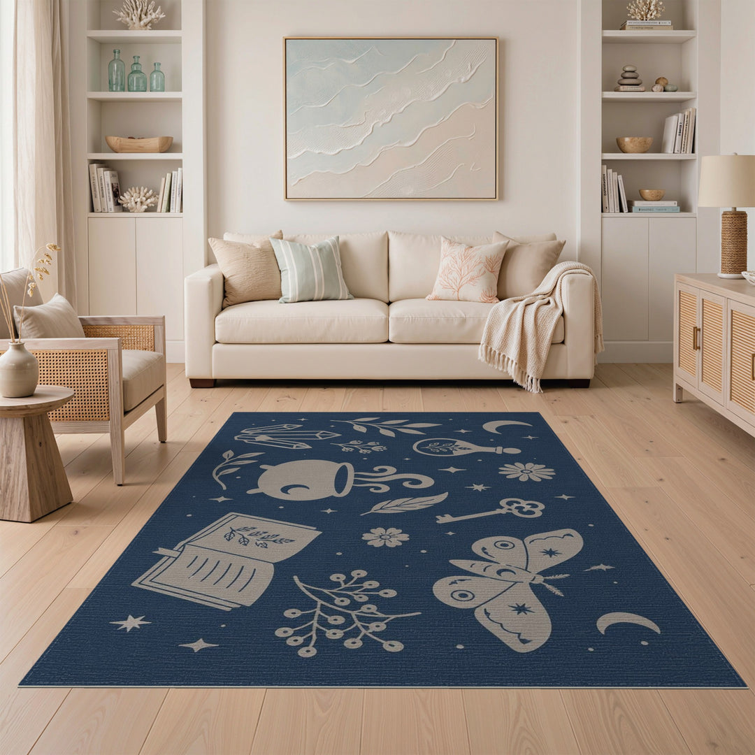 Blue Boho Mystical Cauldron Moth Area Rug